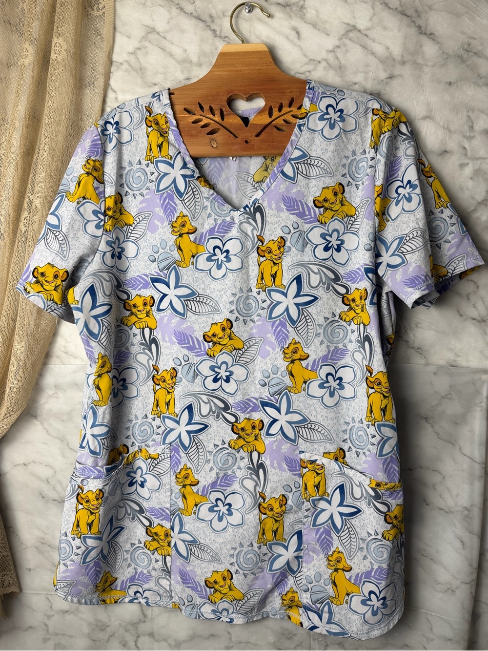 Disney Lion King Simba Scrub Top M Purple Blue Floral Print Medical Uniform